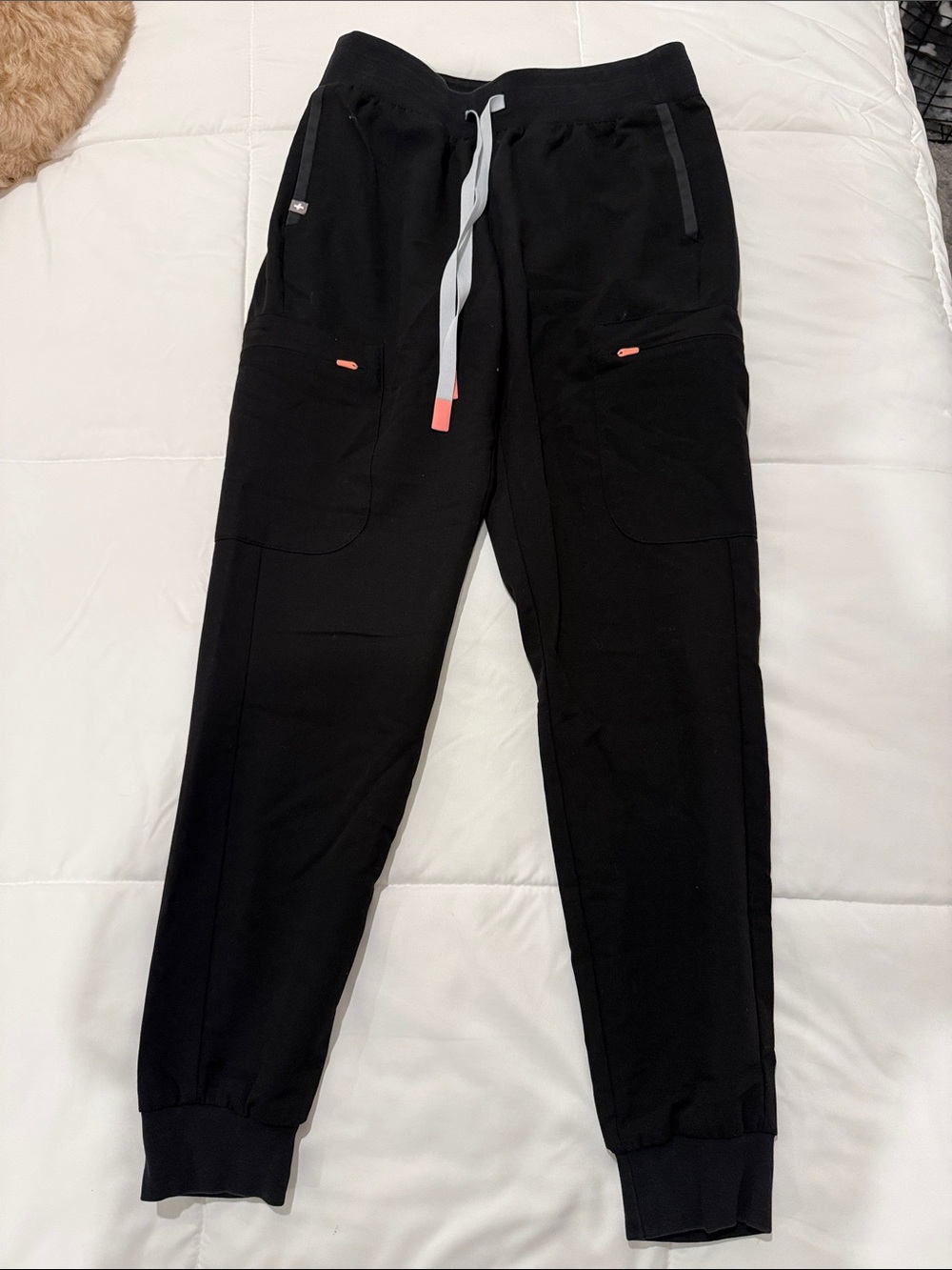 Figs Women’s Black Scrub Joggers with Gray Drawstring and Coral Accents